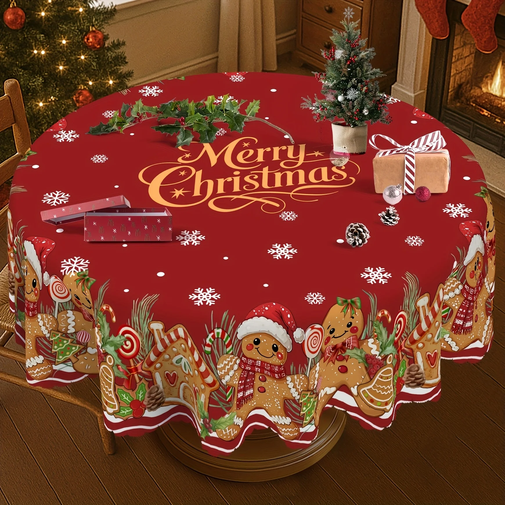 1 piece, red Merry Christmas tablecloth, Christmas hat and scarf and bow design - winter gingerbread man and farmhouse