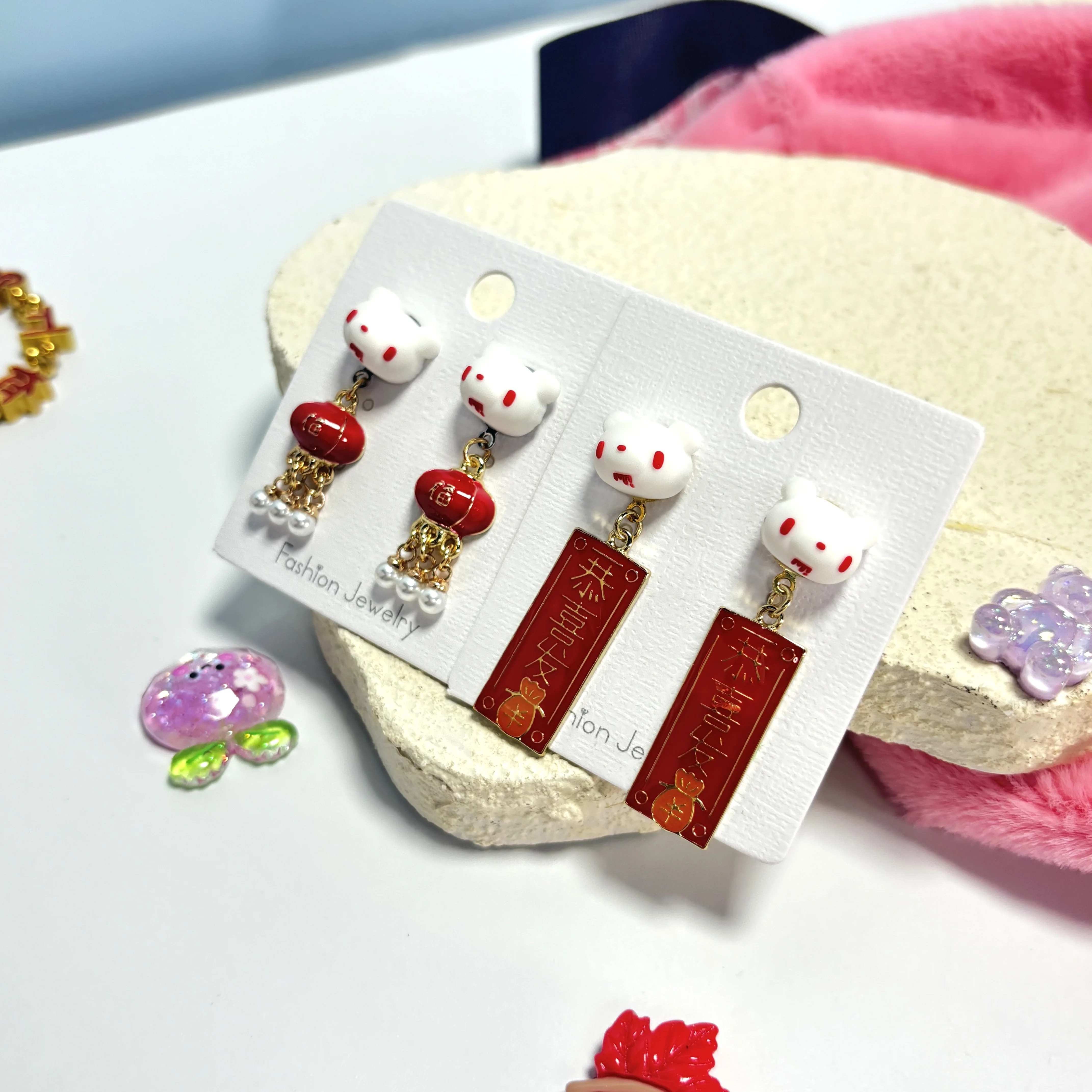 2026 Year of the Horse Lucky Bear Earrings Red Fu Lantern Festive Drop Earrings Chinese New Year Gift Jewelry