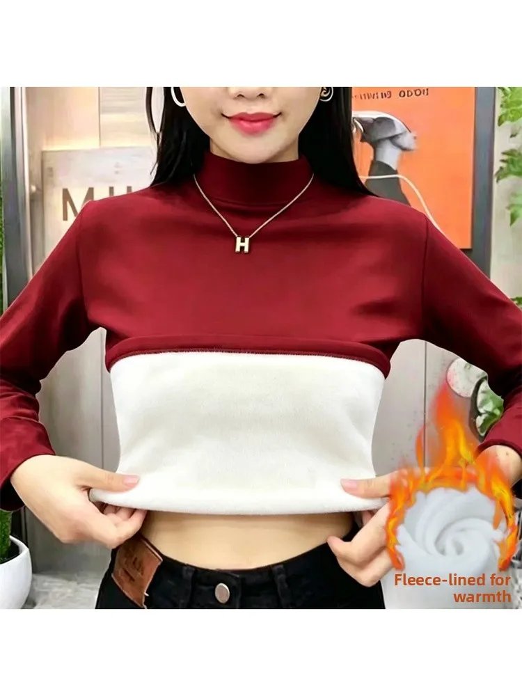 Thickened Silver  Fur Long Sleeve Stand Collar Base Shirt Women's plus Size Fitting Warm T-Shirt Upper Apparel Autumn Winter