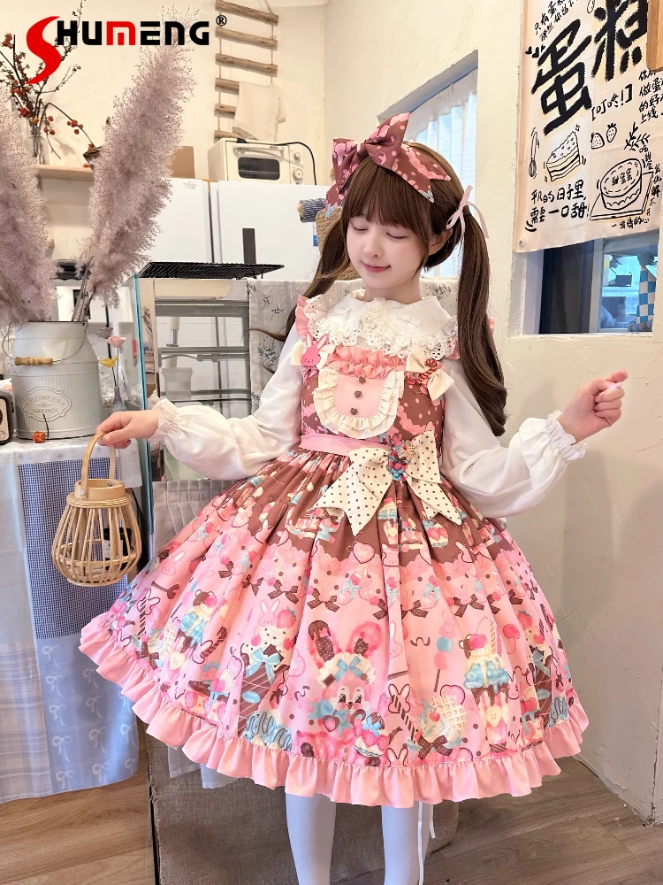 

Original Japanese Sweet Lolita Dress Ruffles Splicing Heart Buckle Bow Cartoon Print Sleeveless Kawaii Lolita Jsk Dress Women