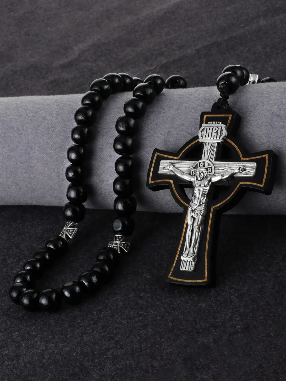 Orthodoxer Holzperlen-Rosenkranz mit INRI-Kruzifix, Jesus Christus Medaillen-Halskette, handgefertigte Gebetsperlen, Auto-Hängedekoration – Detail 9