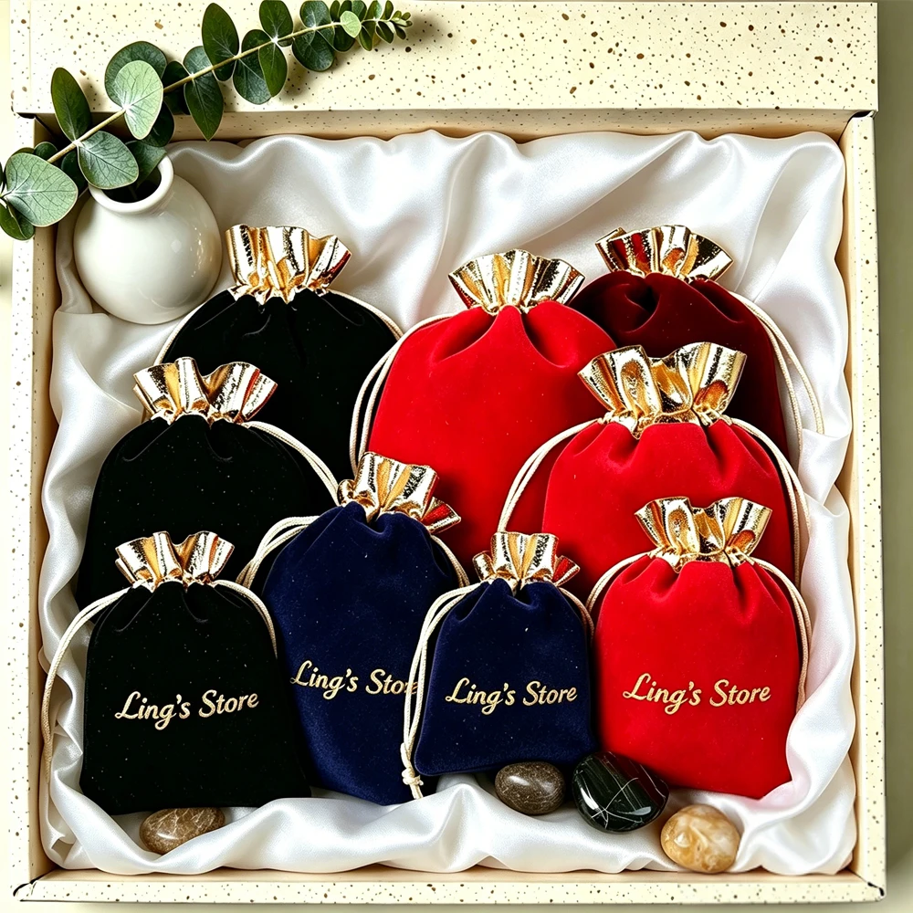 

100Pcs Personalized Logo Gold Jewelry Drawstring Velvet Bag Cosmetic Perfume Boutique Keychain Organizer Suede Candy Stone Pouch