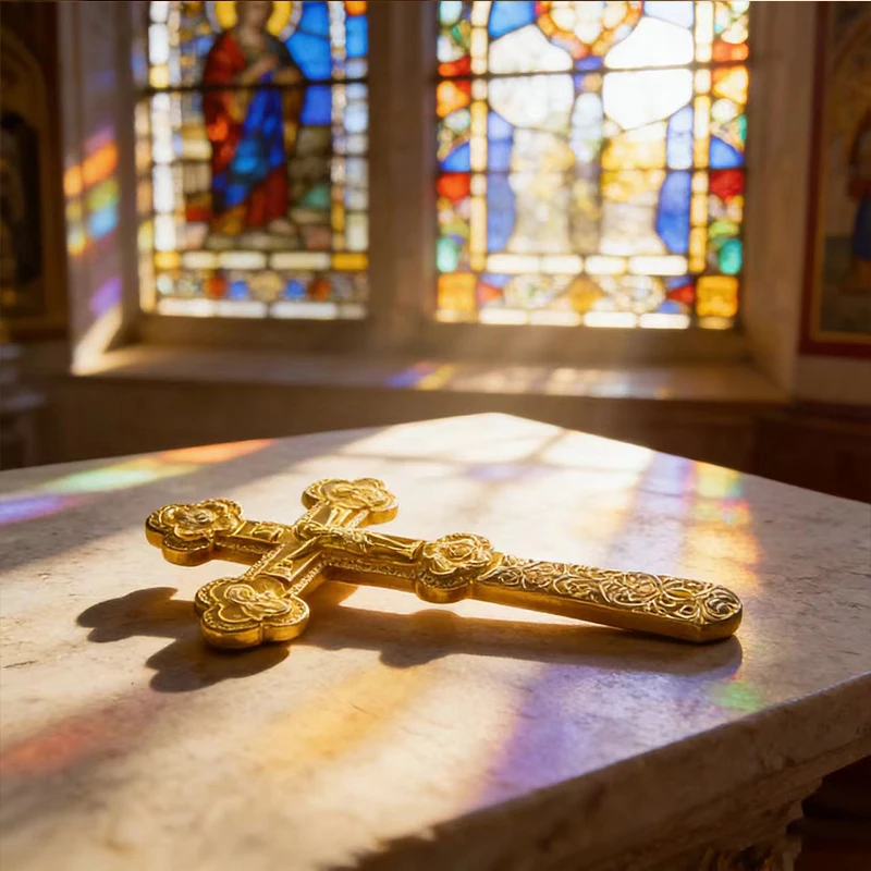 HTISOK Neues Elegantes Goldfarbenes Orthodoxes Handkreuz mit Blumengravuren für Gottesdienste und Persönlichen Spirituellen Schutz – Detail 8