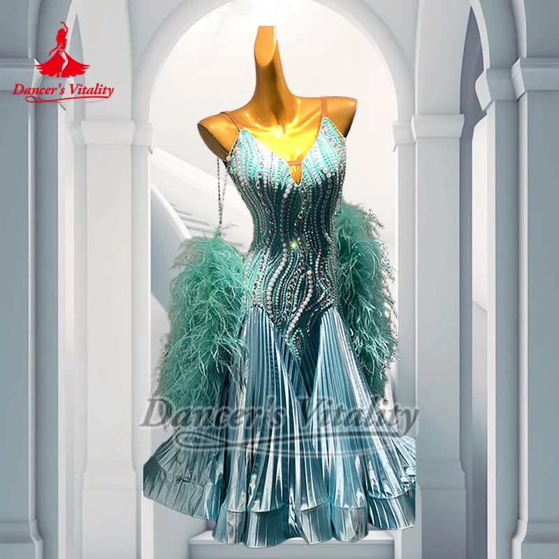 Quickstep النعناع الأخضر عارية الذراعين اللؤلؤ الديكور مطوي فساتين الكبار الرقص الاجتماعي الملابس المهنية مخصص حيوية الراقصة