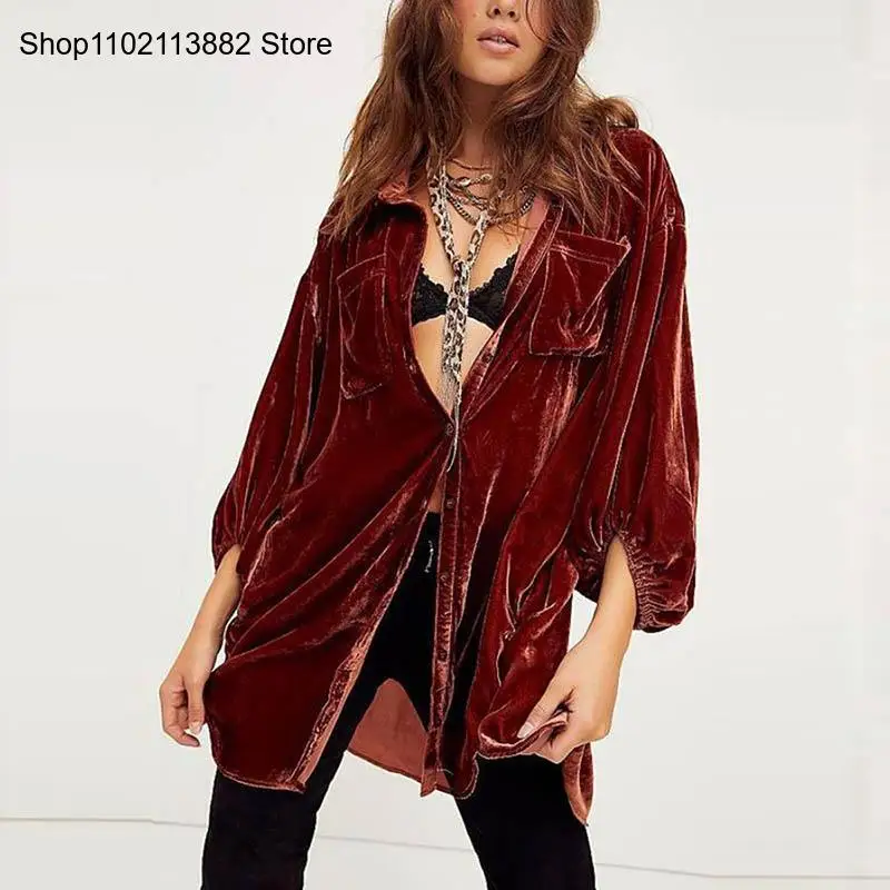 Autumn and Winter Women\'s Fashion Gold Velvet Lapel Coat Casual Button Cardigan Long Shirt Coat