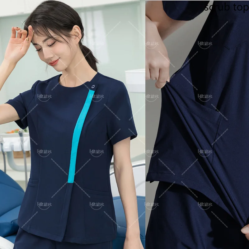 Uniformi mediche elasticizzate Scrub di alta qualità TOP abbigliamento da allattamento elastico uniformi da Spa per donna pantaloni da lavoro a maniche corte