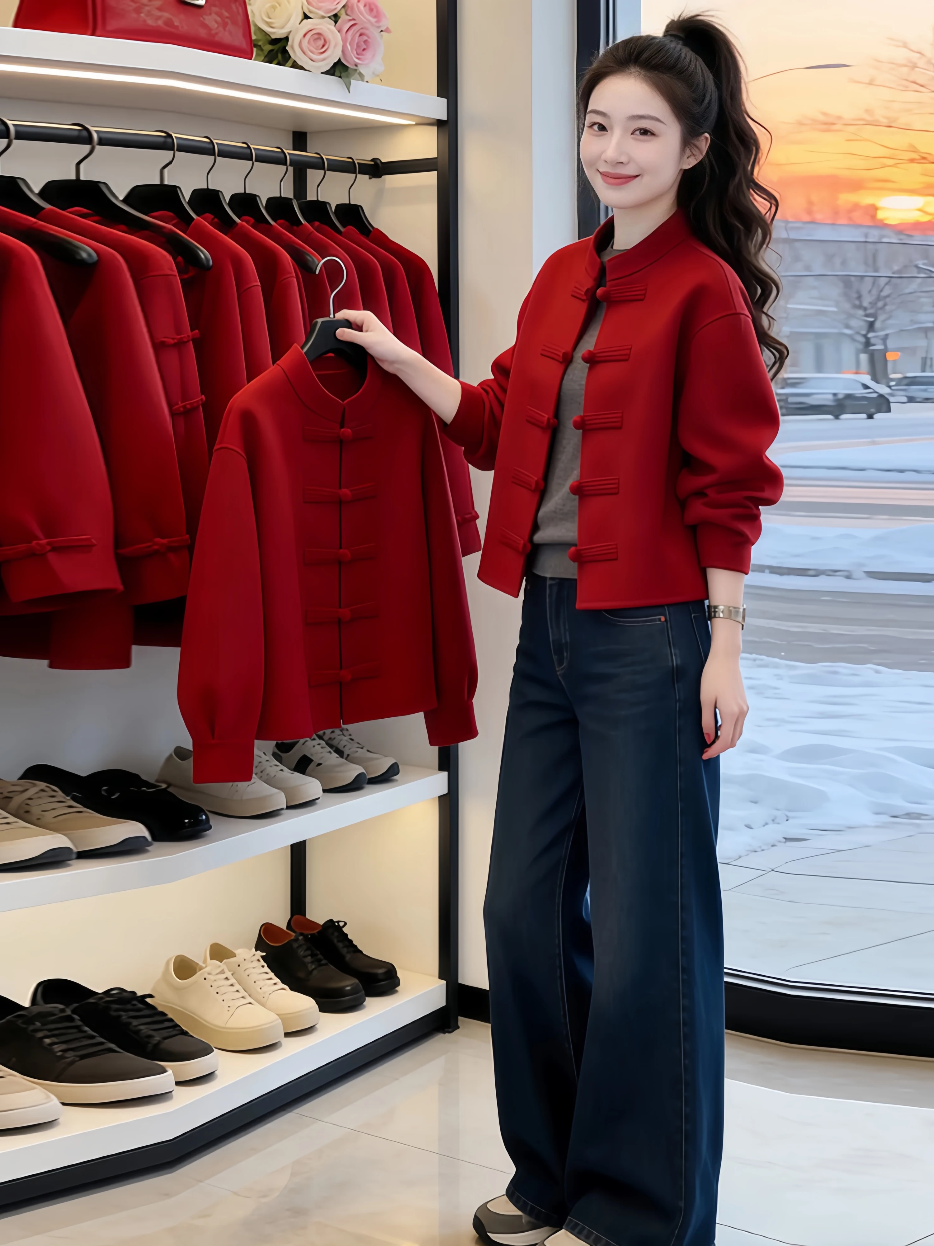 

Red Long Sleeve Stand Collar Button up Coat Women's Fashion Vintage Chinese Style Loose Fit Autumn Winter New Arrival Top