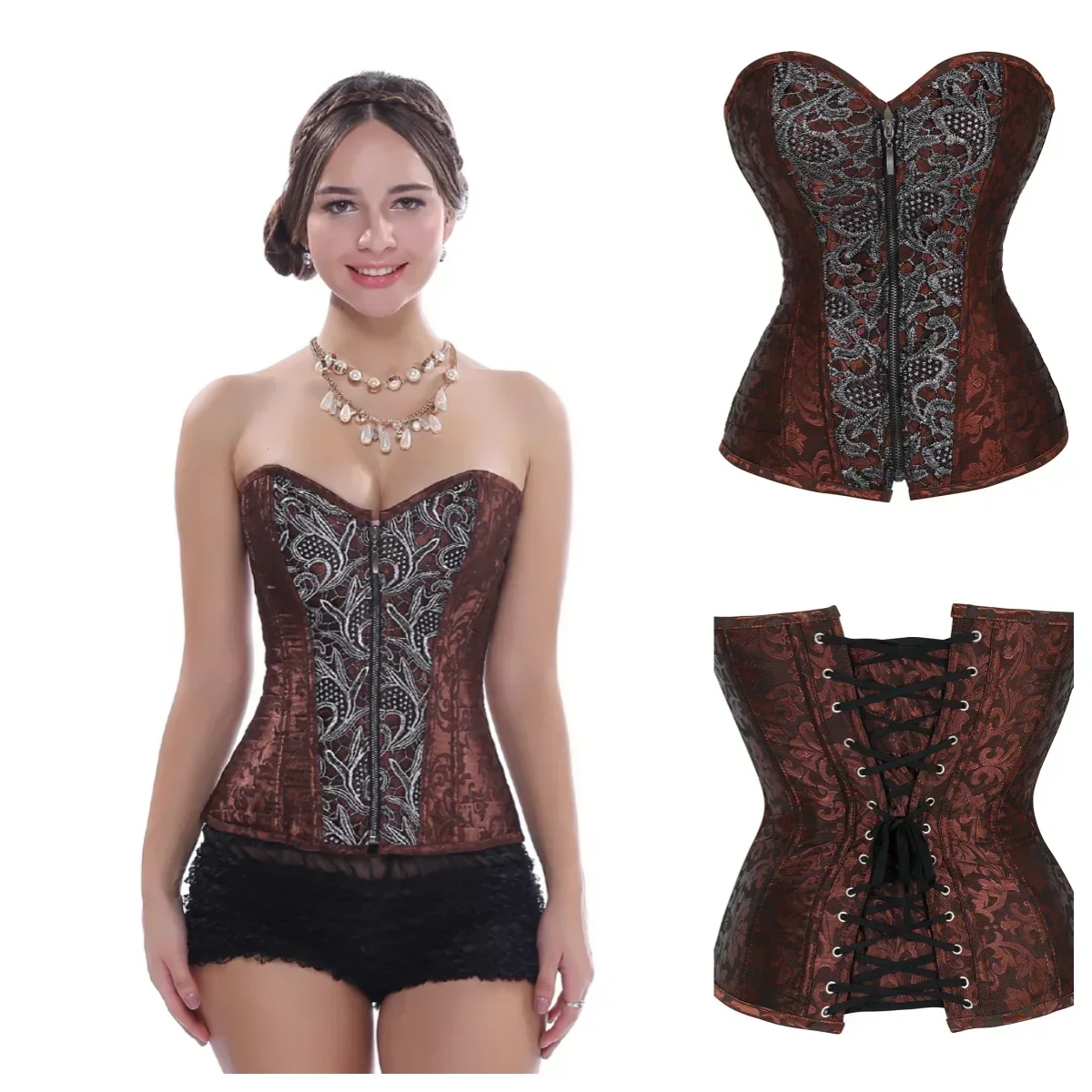 Gothic Corset for Women Lace Up Boned Bustier Floral Pirate Corsets Zip Up Basque Korsett Burlesque Clubwear Carnival Costumes