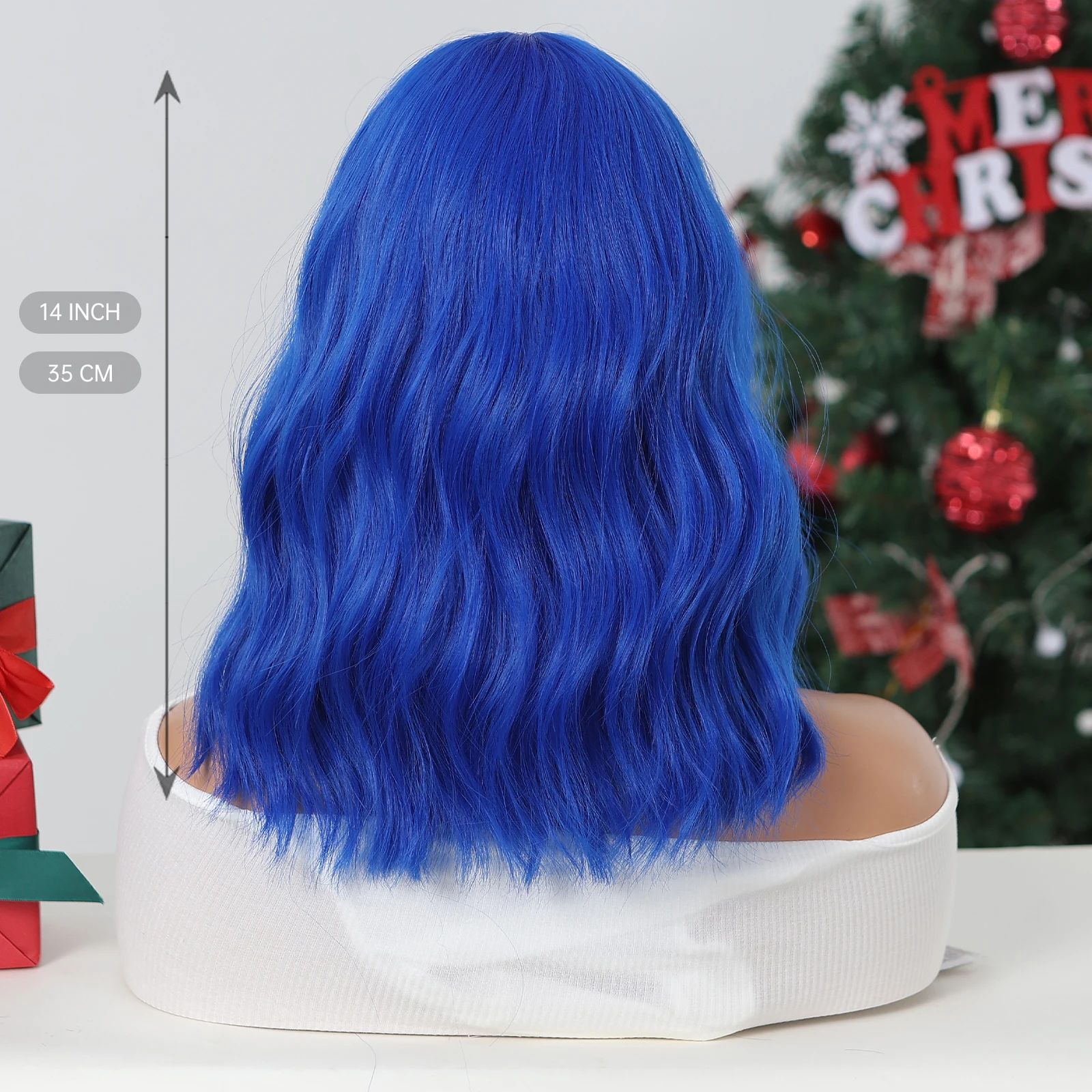 Short Blue Cosplay Wig With Bangs Royal Blue Bob Synthetic Wig for Women Short Wavy Curly Wig For Christmas Party Heat Resistant