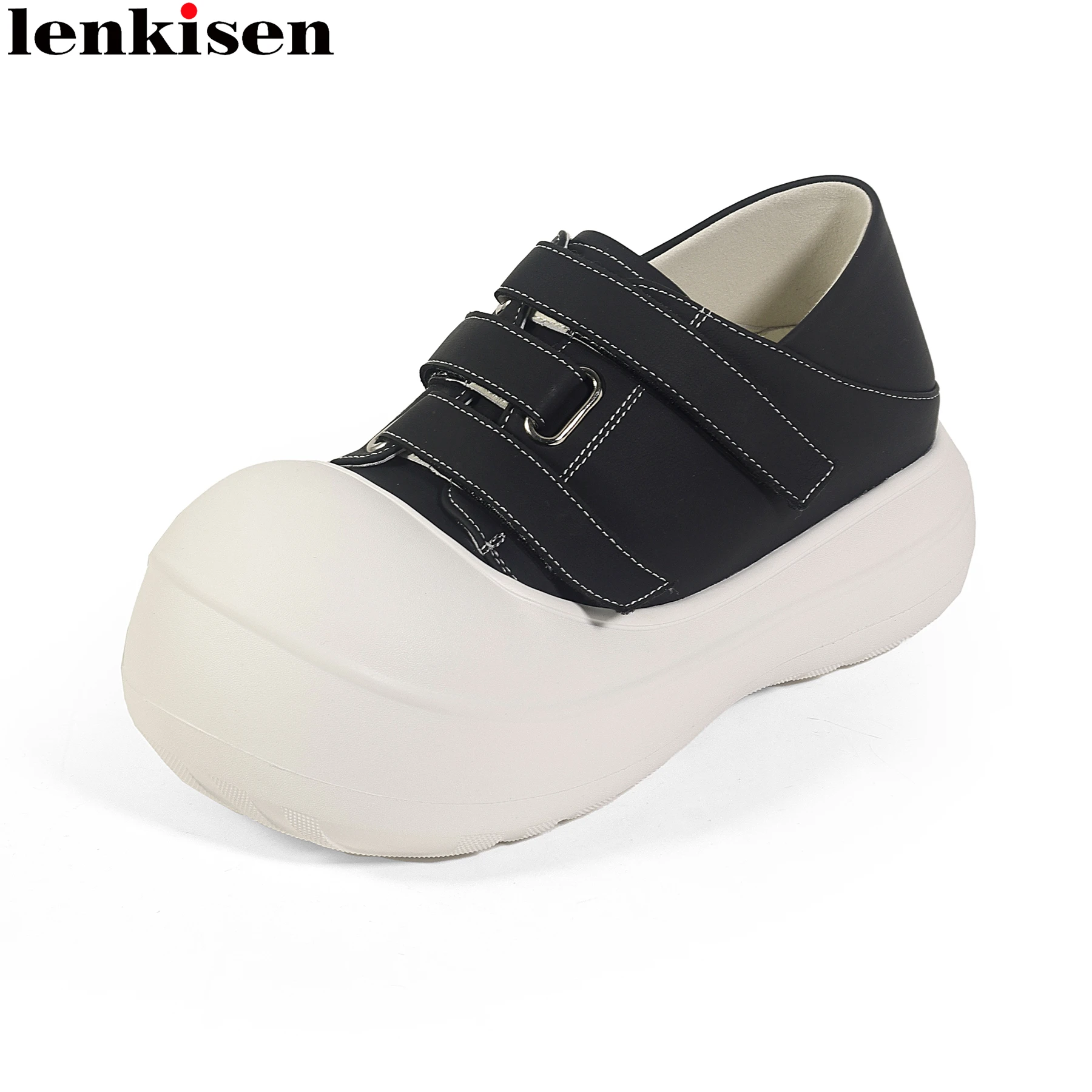 Lenkisen Cow Leather Round Toe Thick Bottom Spring Autumn Shoes White Sneakers Platform Casual Increasing Women Vulcanized Shoes