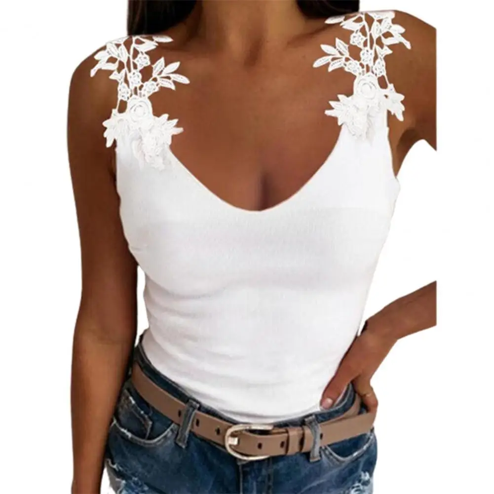 

Fashion Tshirt Women Lace Patchwork V-neck Sleevelss Pullover Vest Sexy Solid Color Slim Camisole Top Streetwear Women's Clothes