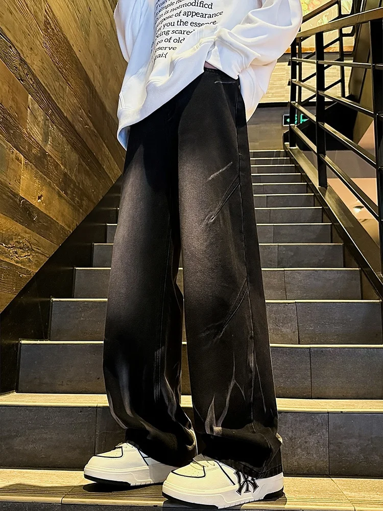 

Black Tie-Dye Men's Jeans Loose Straight Leg Wide Leg Pants Micro Flared Long Trousers Autumn Winter American High Street Style