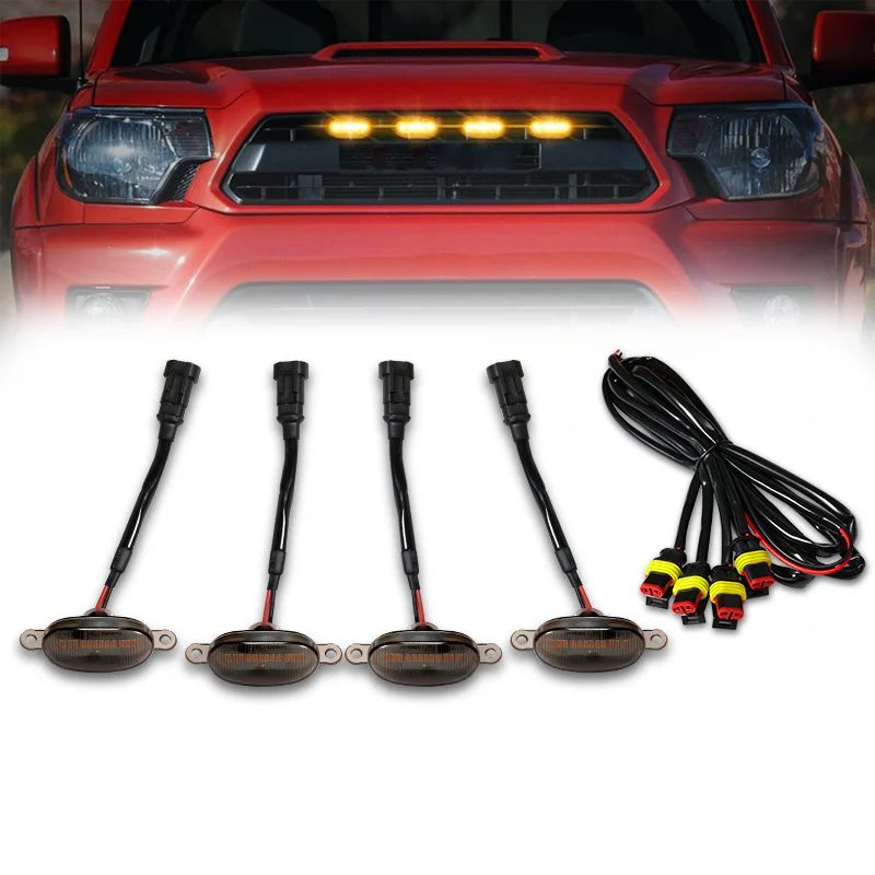 

Universal Car Front LED Grille Light Smoked Amber Lens Yellow Lights 4LED Grill Light Lamp For Off Road Trunk SUV Ford Toyota