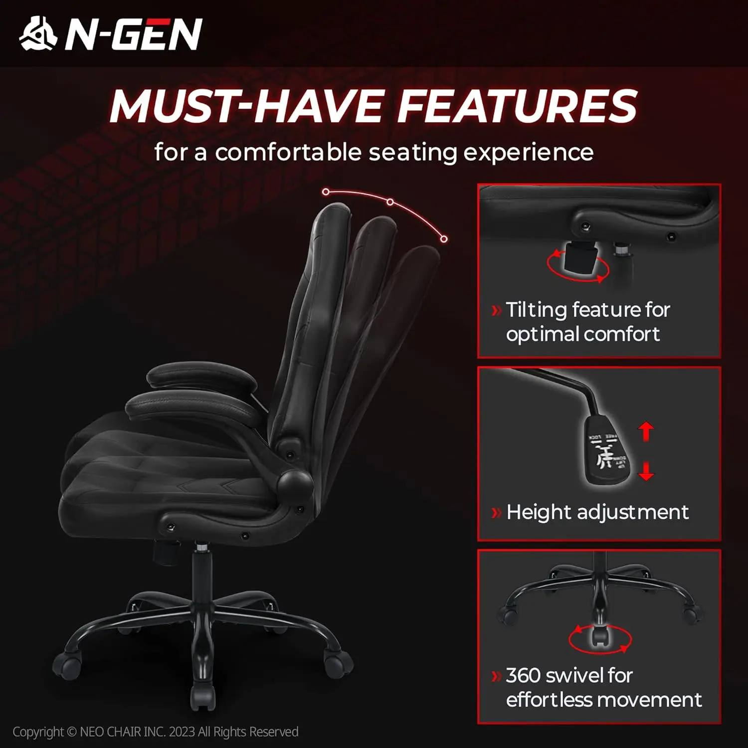 N-Gen Video Gaming Computer Chair Ergonomic Desk Office Chair For Adults With Lumbar Support Flip-Up Arms Adjustable Height