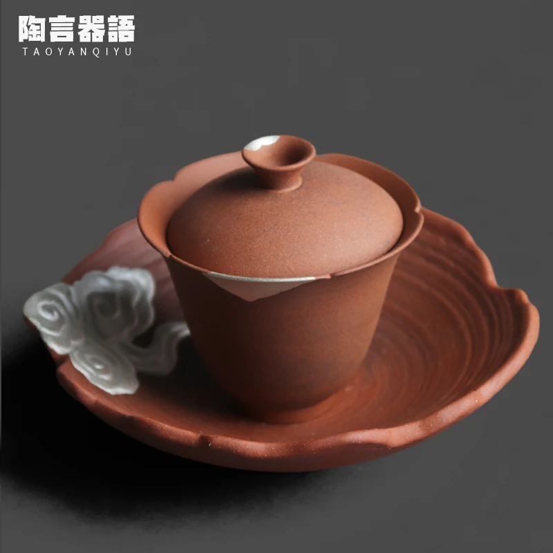 Rough Pottery Old Rock Clay Hand Painted Silver Petal Covered Bowl Handmade Pottery Wide Mouth Tea Bag Tea Brewing Bowl