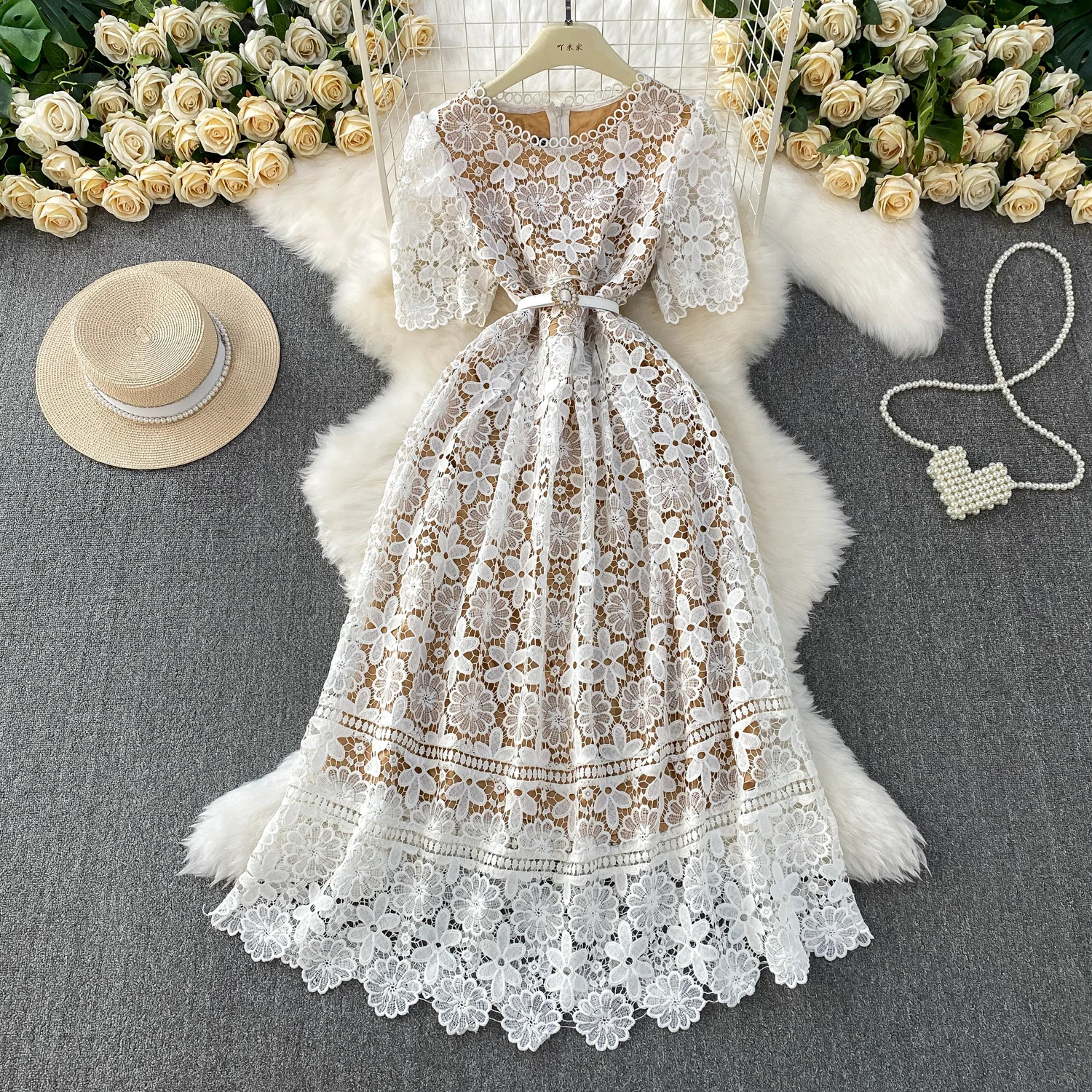 

High-end Water-soluble Lace Hollow Round Neck Beach Dress Women Vacation Pleated Waist Temperament Elegant Dresses Long Dress