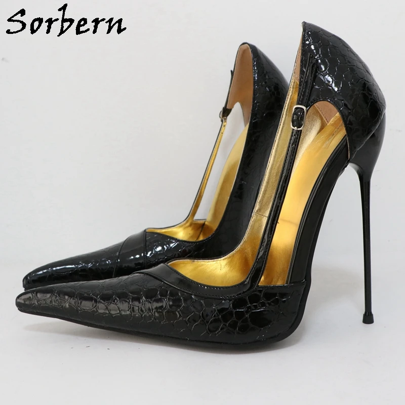 Sorbern Black Stone 16cm High Heels Pumps Hollow Out Pointed Toe Shoes Designer Style Night Club Footwear For Sissy Boy