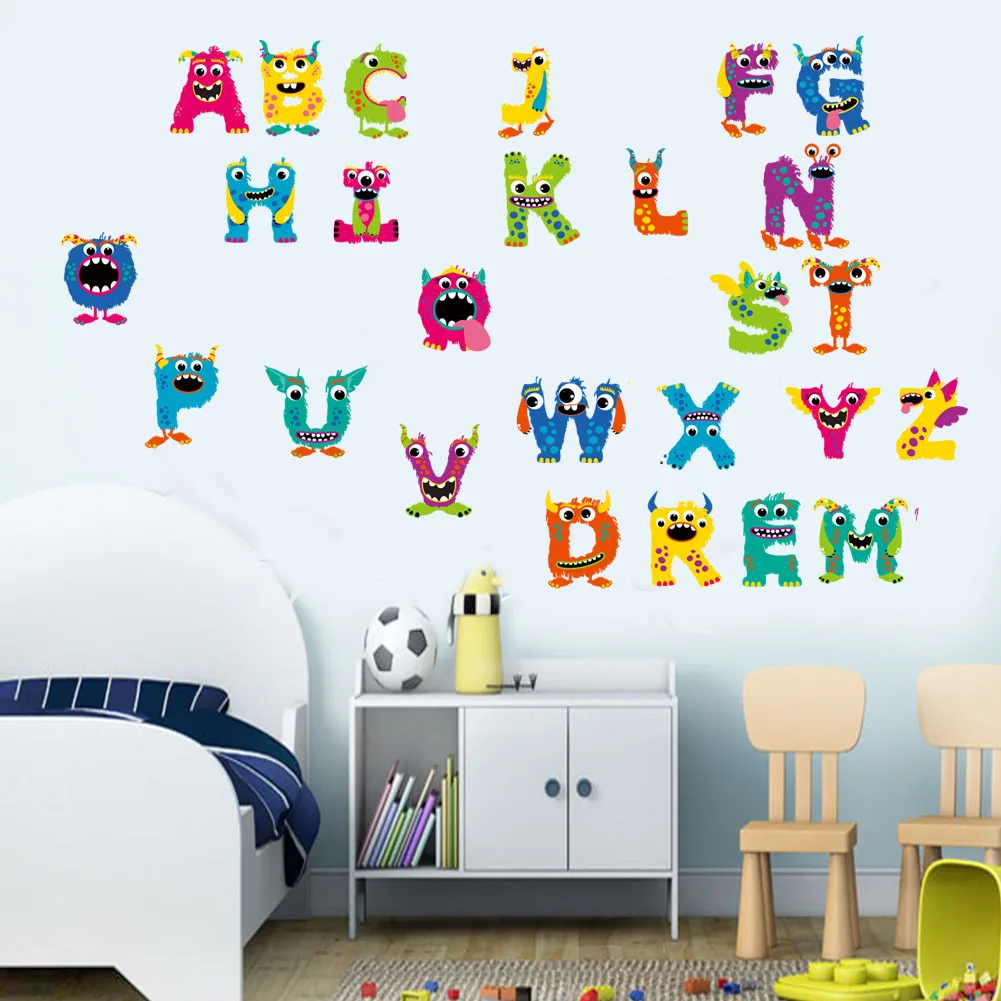 Cartoon 26 letters cute big eye animal wall stickers for rooms for kids home decoration children wall decal poster mural