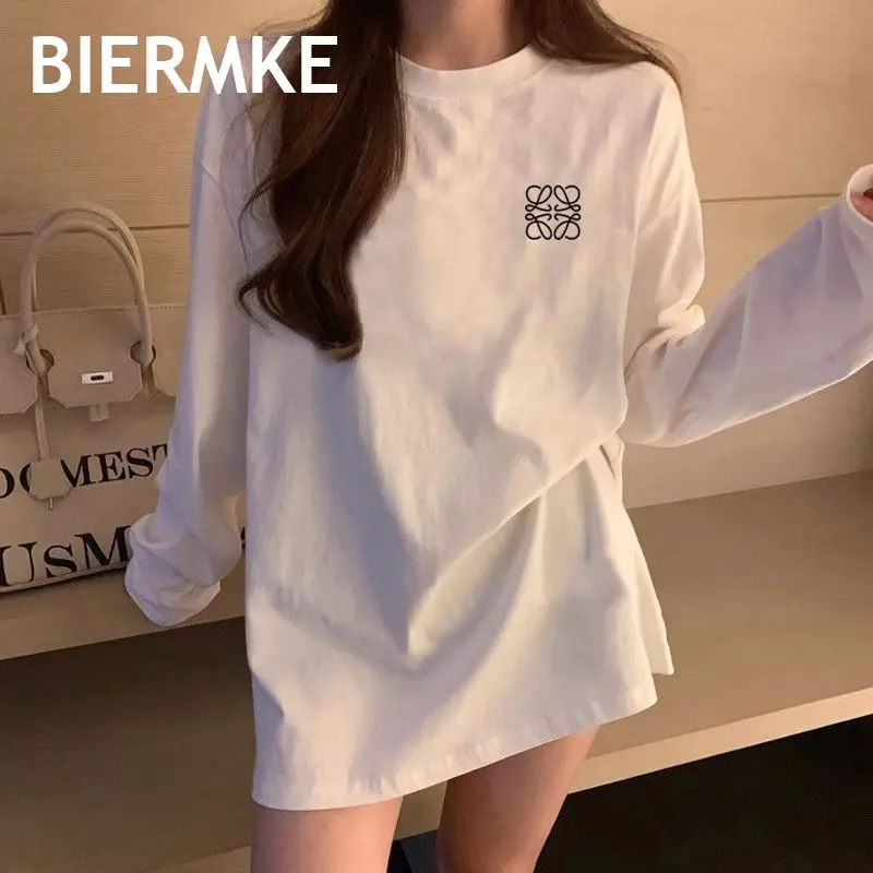 2024 Autumn Skinny Top Medium and Long Loose Cotton White Printed Long Sleeve T-Shirt Bottom Shirt Women