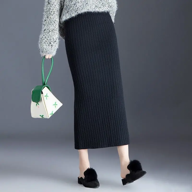 

Knitted Skirt Women's 2024 Autumn and Winter Solid Color Thicken Warm New One-step Skirt Slit Medium Length Skirt Leisure LJ220