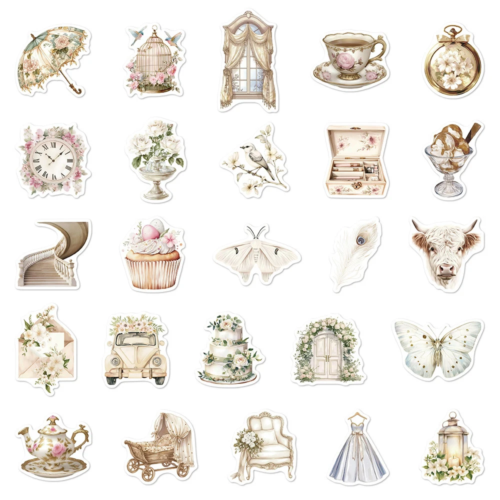 10/30/50개 인스 스타일 화이트 아트 파스토럴 라이프 스티커 레트로 미학 스티커 여행가방 기타 전화 그래피티 데칼 장식