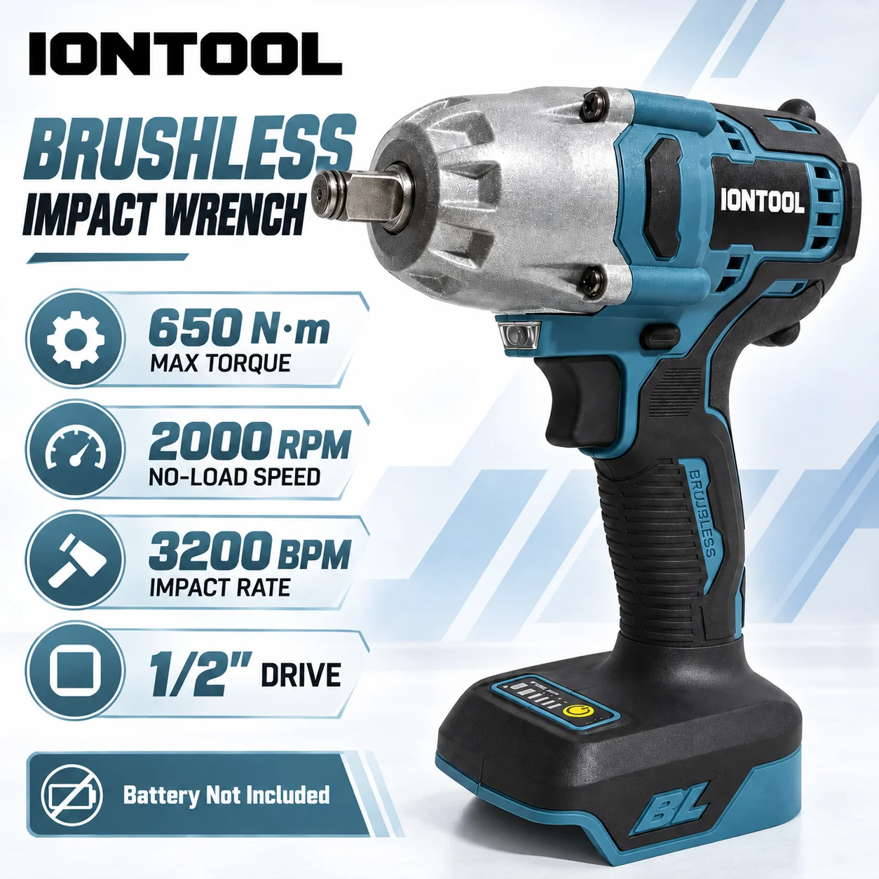 IONTOOL DTW650 650N Brushless Cordless Impact Wrench 1/2 Inch 2000RPM 3200IPM High Torque Power Tool for Car Tire Repair