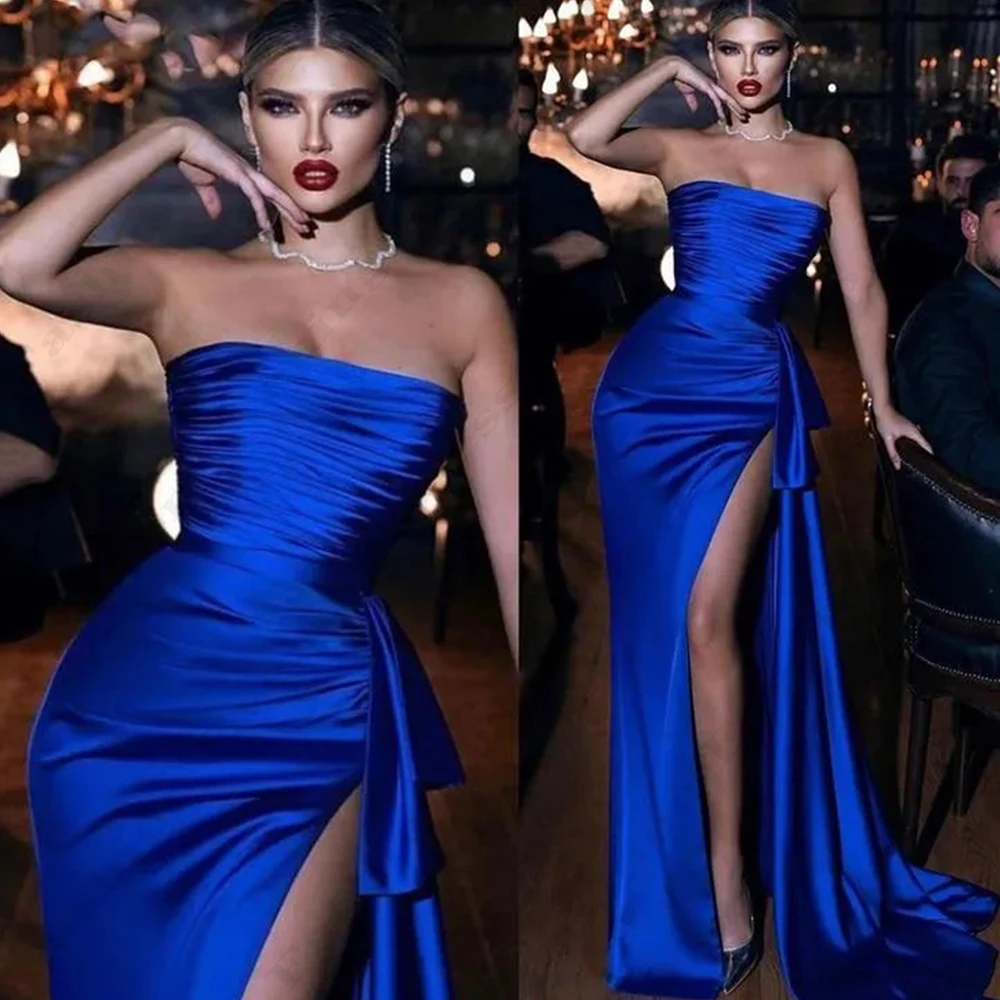 Beautiful Gorgeous Satin Evening Dresses For Women Fashion Sexy Off Shoulder Sleeveless High Split Simple Mopping Prom Gowns