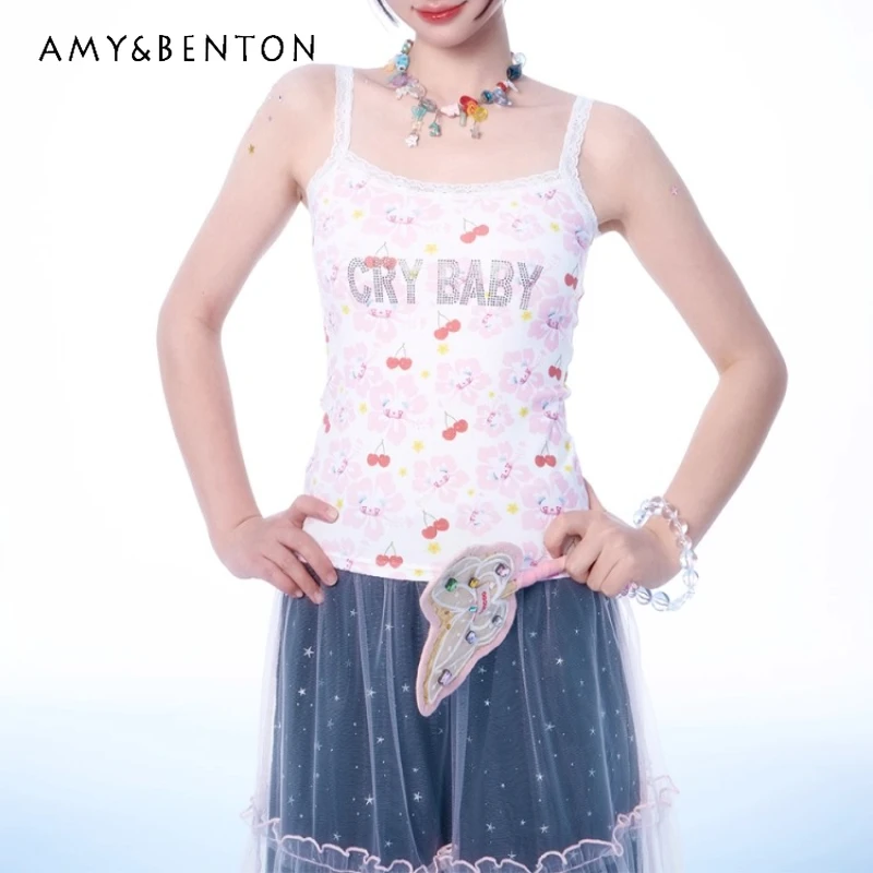 

Summer New Fruit Star Animal Print Rhinestone Lace Women's Vest Japanese Design Sweet Cute Versatile Age-Reducing Vest Ladies