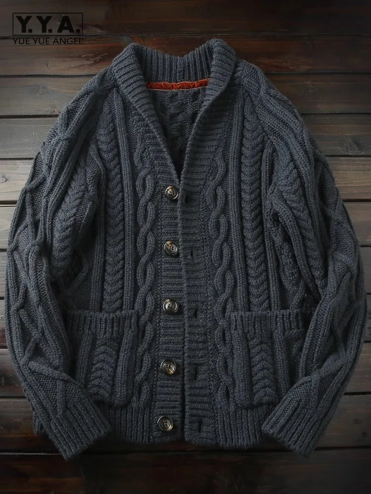 Mens Winter Italian Style Wool Sweater Thicken Warm Single Breasted V-Neck Knitted Cardigan Long Sleeve Casual Vintage Knitwear