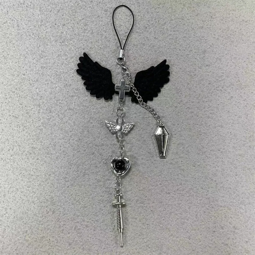 Beads Black Wing Cross Charms Creative Mini Headset Cellphone Decoration Hanging Lanyard Bag Pendant Beaded Phone Chain