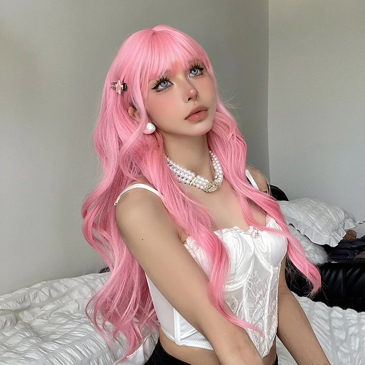 Rosa Cosplay Lolita Halloween Perücken langen Körper gewellte synthetische Perücke mit Pony für weiße Frauen Party Haar natürliche hitze beständig