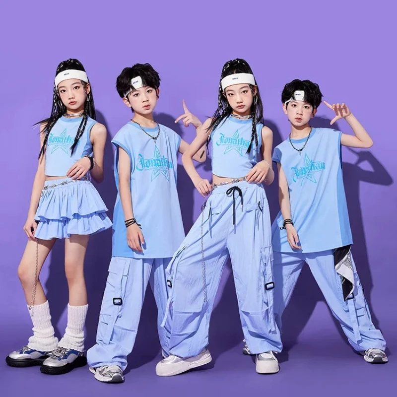 

Детская одежда в стиле K-pop и хип-хоп: синий укороченный топ, повседневные брюки-парашюты, многослойная плиссированная юбка для девочек и мальчиков, костюмы для танцев