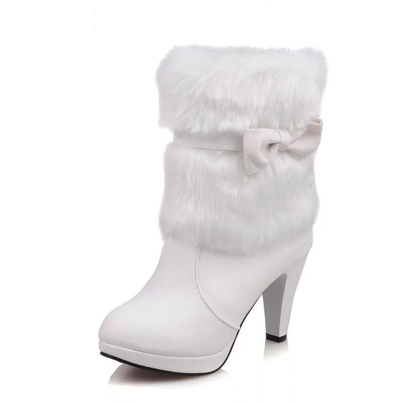 Women Boots Autumn Winter Warm Fur New Sexy Fashion Pu Mid-calf Motorcycle Snow Boots Black Pink White High-heeled Shoes 369