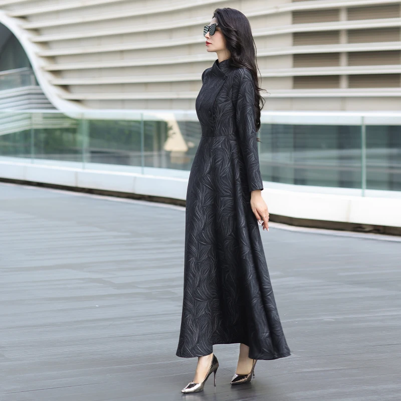 2026 Recién llegado de Primavera/otoño: vestido elegante de manga larga con cuello mandarín para mujer, falda larga ajustada de alta gama para uso diario