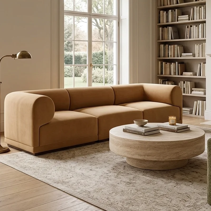 xx-RH BOND SOFA Modern Curved Three Seat Sectional Luxury Plush Beige Fabric Sofa Set for Apartment Living Room Sleek Minimalist