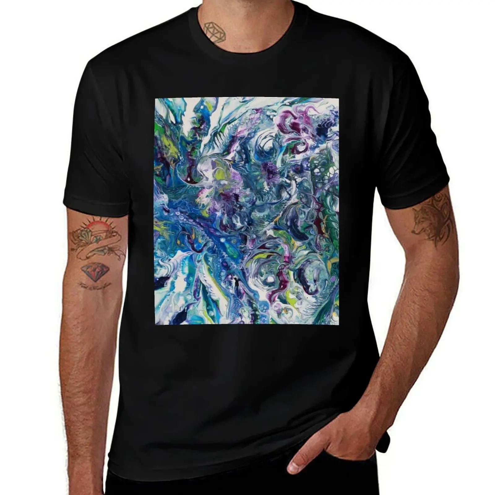 Turquoise Dream, fluid acrylic art T-Shirt Large Size Soft Cotton T-Shirt