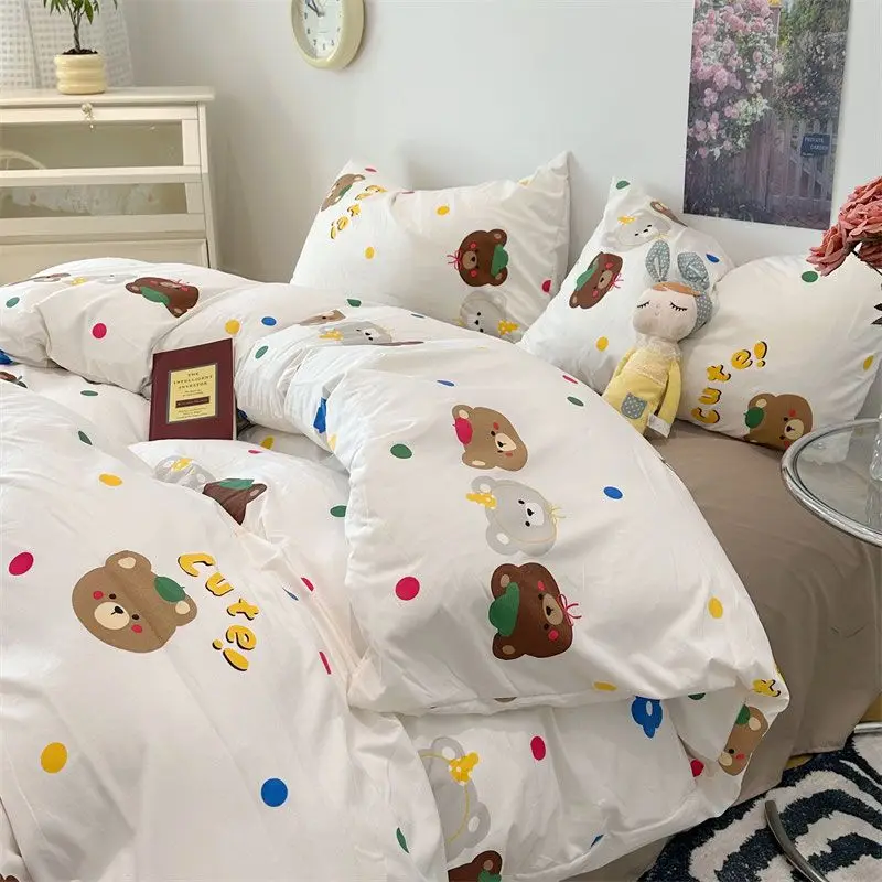 Fashion Duvet Cover Set with Flat Sheet Pillowcase Floral Cartoon Queen Single Size Cute Boy Girl Kids Home Decor Bed Linens