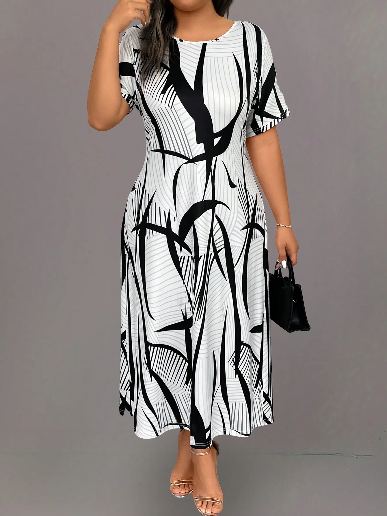 Plus Size Women Striped Round Neck Short Sleeve Casual Long Dress Women Outfit, For Summer