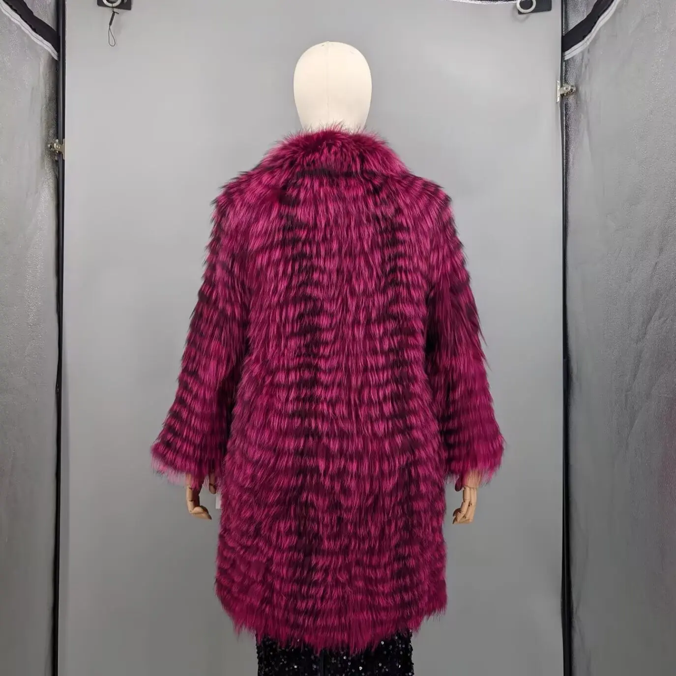 Real Fox Fur Striped Long Coat Women Magenta Hooded Long Sleeve Luxury Open Front Outerwear Jacket 18A09164