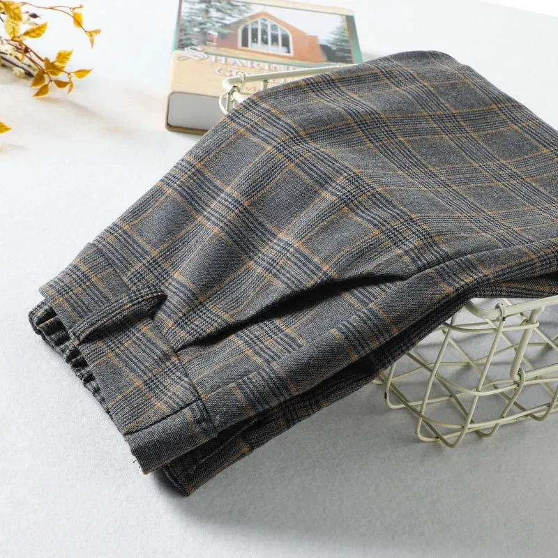 Women Formal Plaid Straight Pants Korean Female Office High Waist Baggy Pantalones Spring Fall Casual Loose Ankle Length Calca