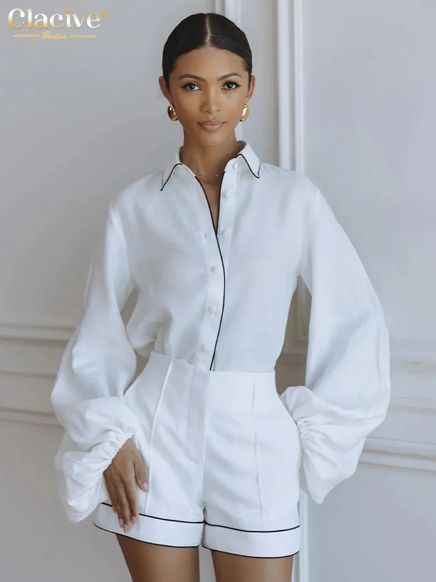 Conjunto de 2 Piezas Clacive Fashion para Mujer, Camisa Elegante de Manga Larga con Pantalones Cortos de Cintura Alta, Ropa Femenina 2026