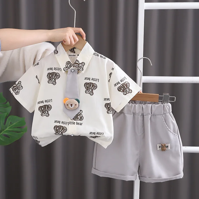 Boys Clothing Sets 2024 Summer Children Cotton Tie Shirts Shorts 2pcs Party Suit For Baby Tracksuits Kids Jogging Outfits 3 4 5Y