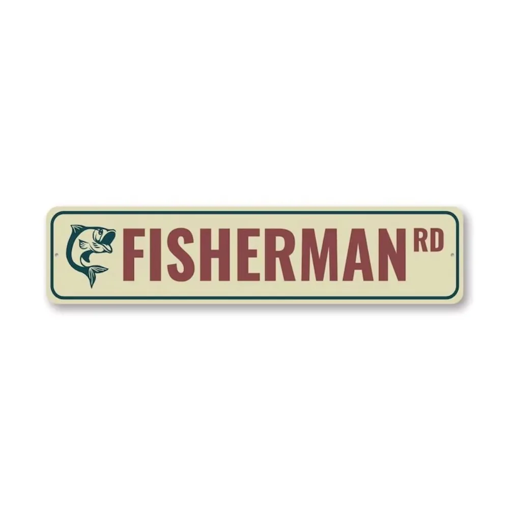 2D Flat Vintage Fisherman Street Aluminum Sign, Custom Road Plaque Fishing Cabin Wall Decor Gift
