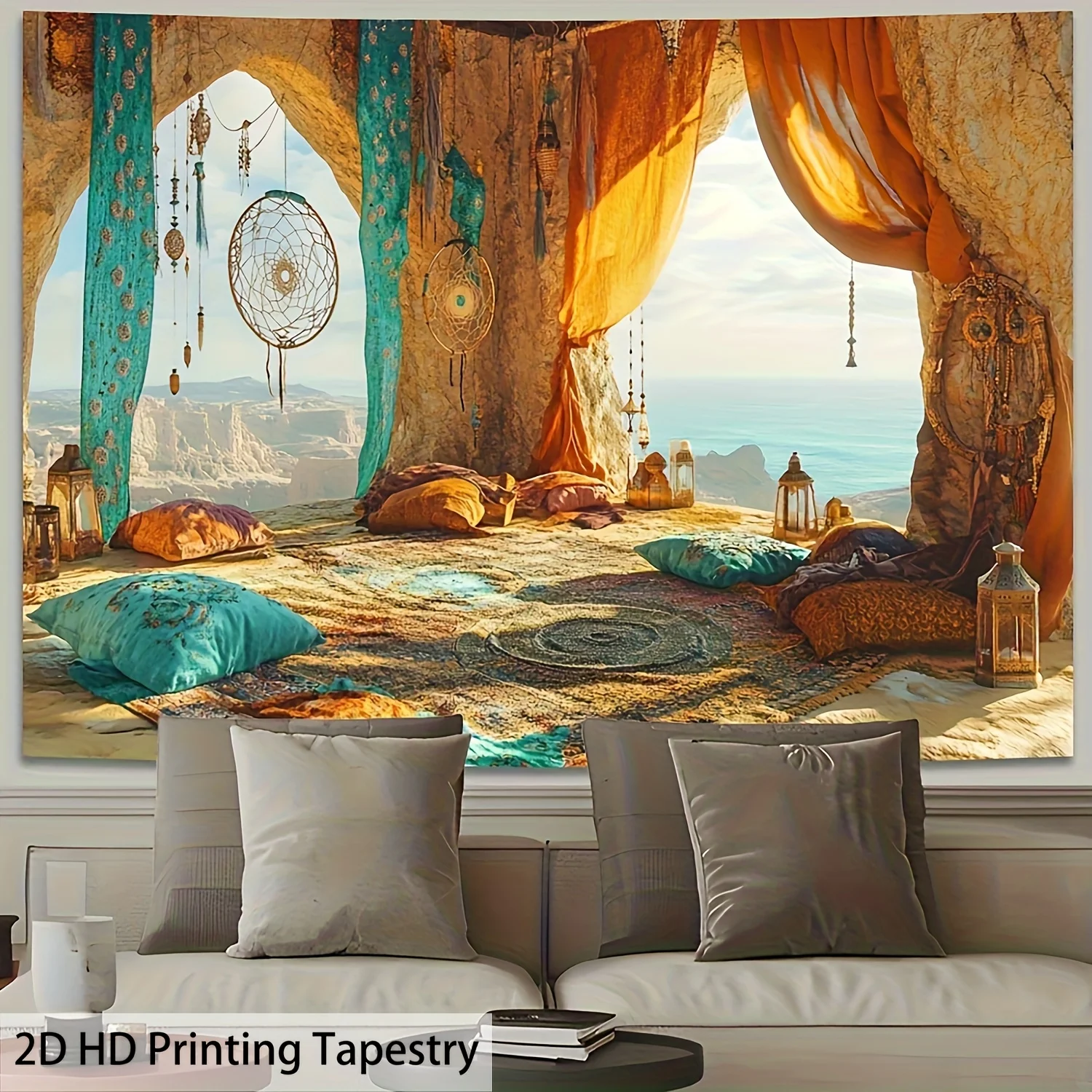 Cave View Tapestry, Boho Interior with Dreamcatchers and Ocean Vista, Travel Scenery Wall Art for Living Room Bedroom Decor