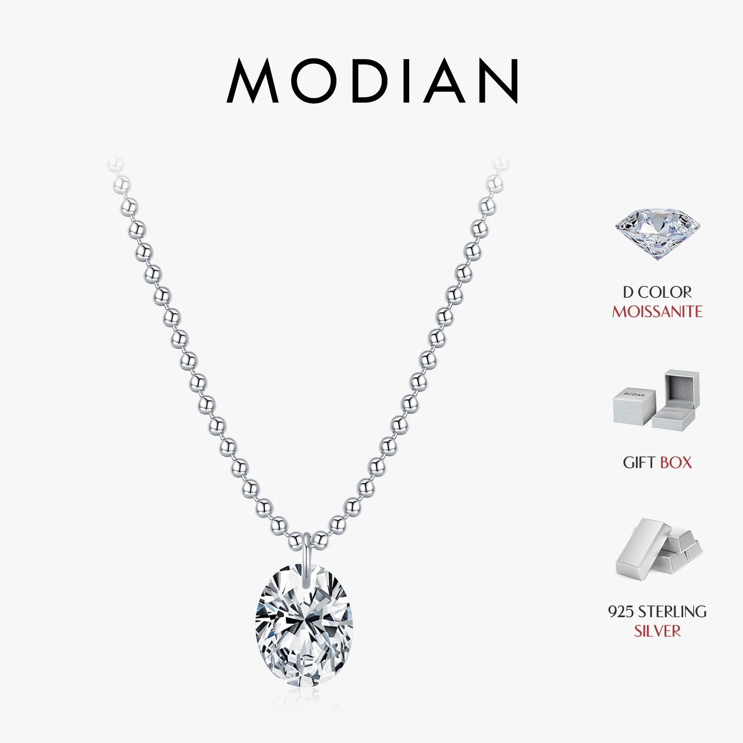 

MODIAN 1.5 Carat Oval Moissanite Pendant 925 Sterling Silver Simple Beads Chain Pendant Necklace For Women Daily Fine Jewelry