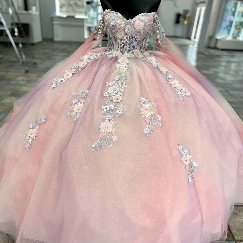 

Pink Shiny Sweetheart Tulle Quinceanera Dresses Off the Shoulder Beads Applique Lace Ball Gown Sweet Sixteen Dress Gowns vestido