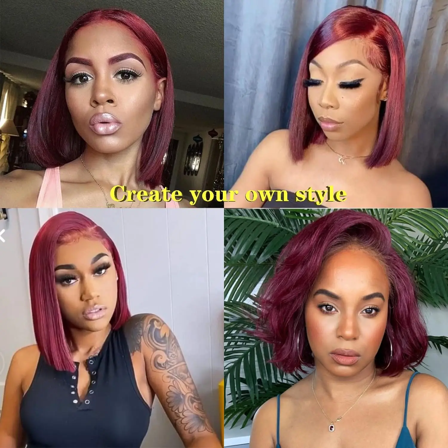 Perruque Bob Lace Front Brésilienne Naturelle, Cheveux Lisses Bordeaux 99J, Transparent HD, pour Femme Africaine