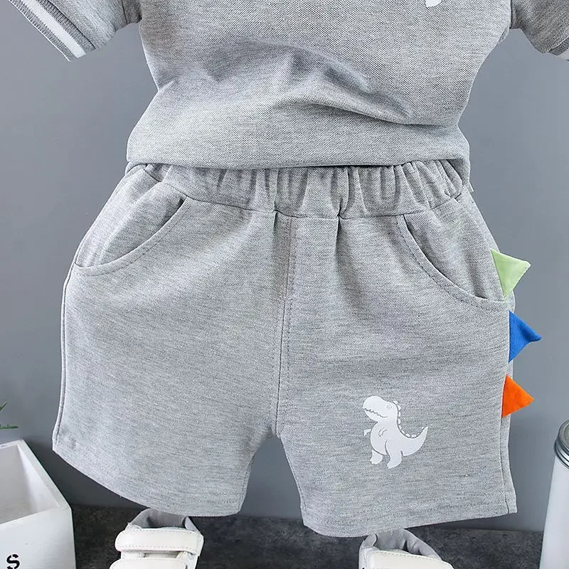 Tenues d\'été imprimées dinosaures pour bébés garçons, Économie à col rabattu, Y et shorts, ensembles de vêtements pour bébés, 9 à 12 mois, 2 pièces