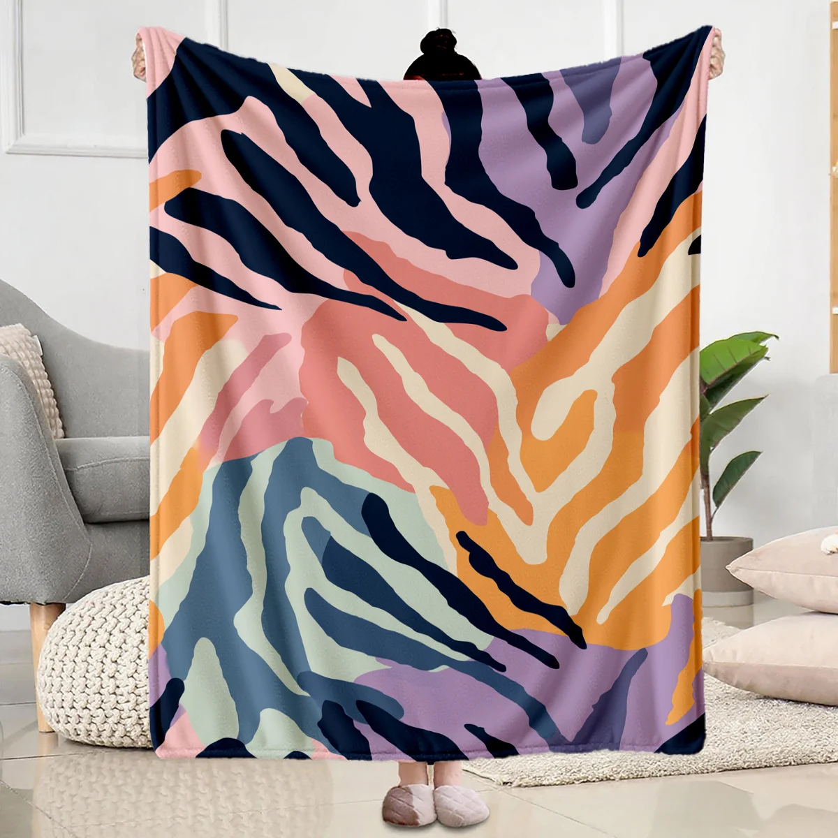 Vibrant Abstract Zebra Stripe Throw Blanket Cozy Boho Geometric Plush Lap Throw for Sofa Bed Living Room Modern Home Decor Gift