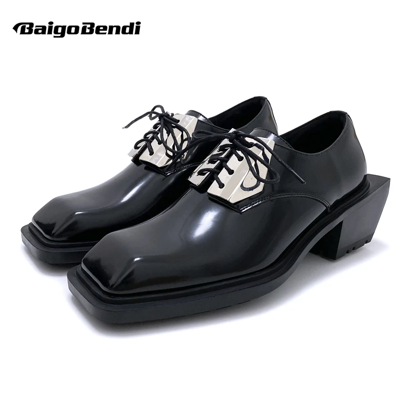 Unique Design Cool Men's New Leather Gold Metal Square Toe Derby Shoes Young Man Personality Thick Heel Oxfords Special